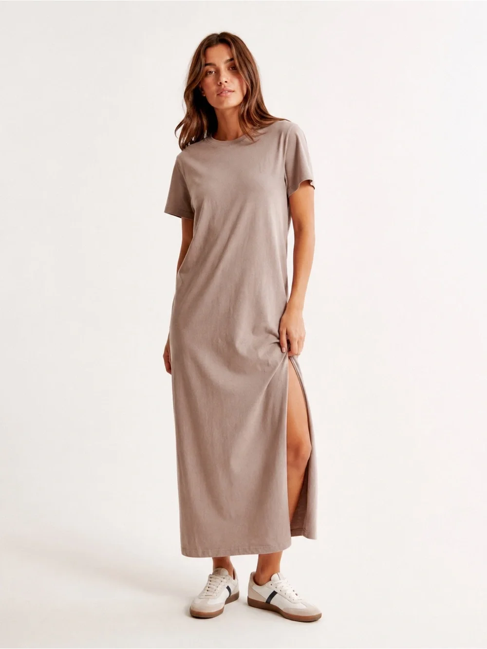 ABERCROMBIE & FITCH Taupe Cotton T-Shirt Maxi Dress | Side Slit | Size Small